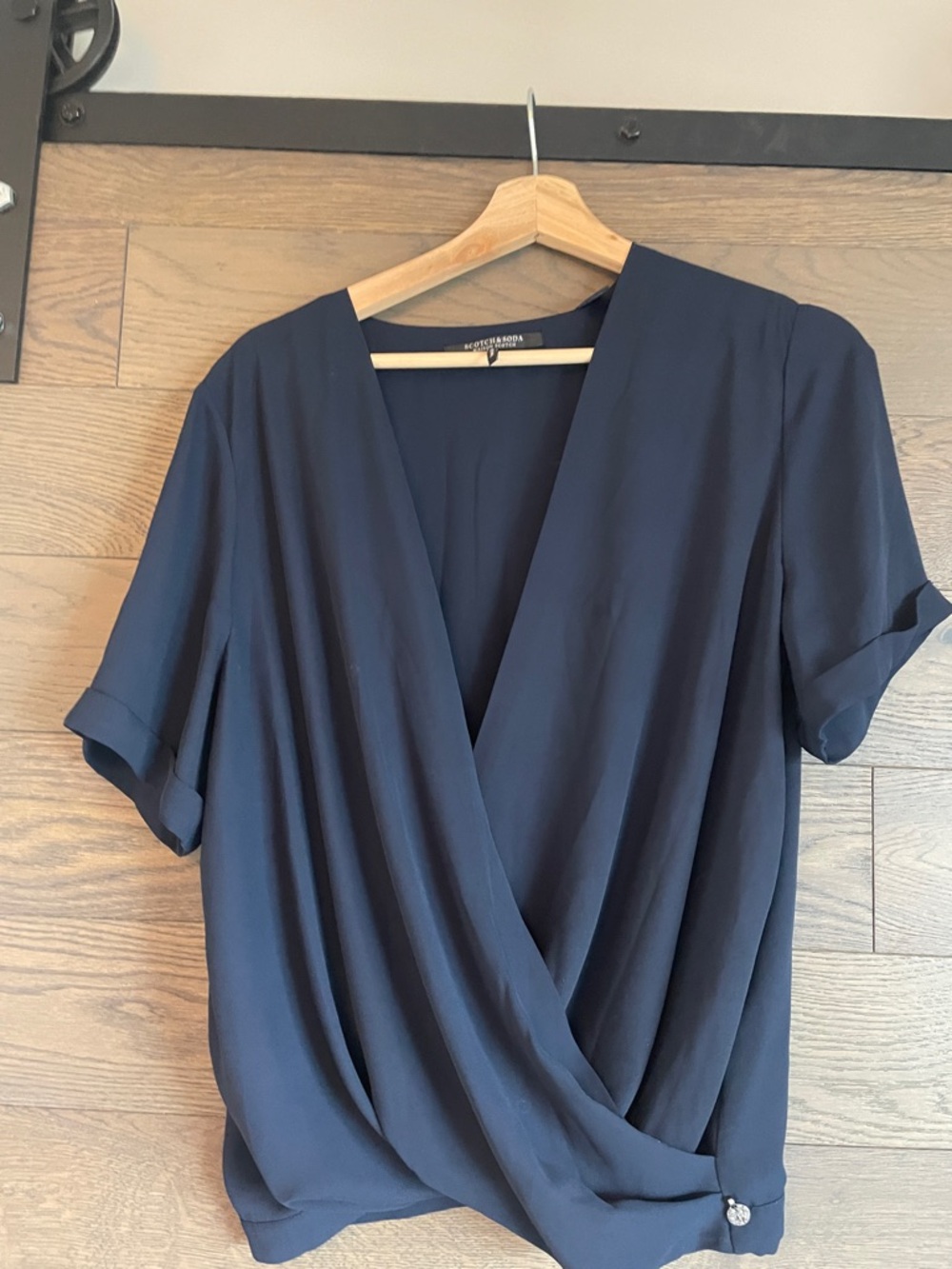 Navy Draped Short Sleeve Blouse
